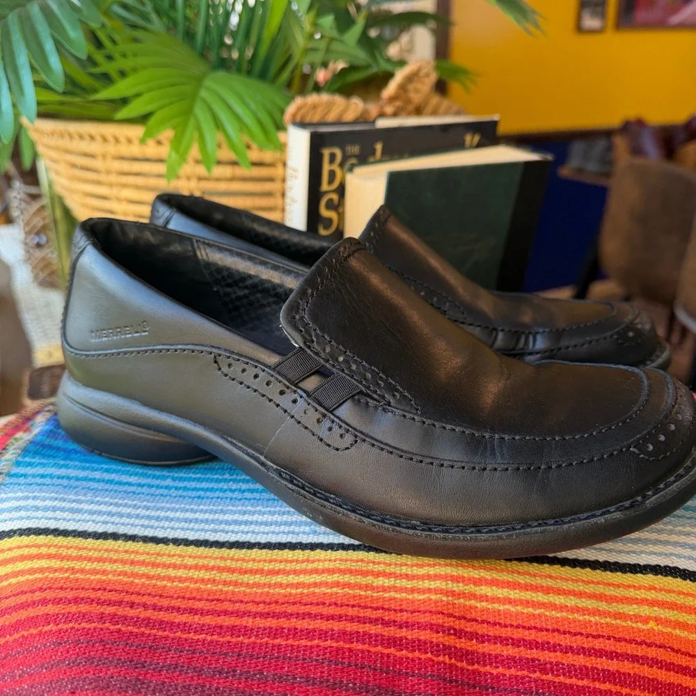 Merrell Tetra Wave Black Leather Slip On Loafers Womens 7.5 J40054 Brogue Shoes